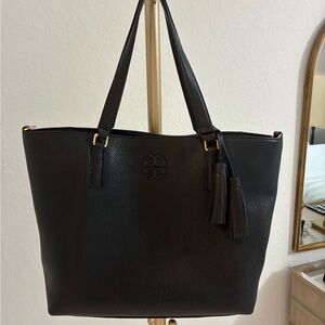 Tory Burch Black Pebbled Leather Tote with Tassels
